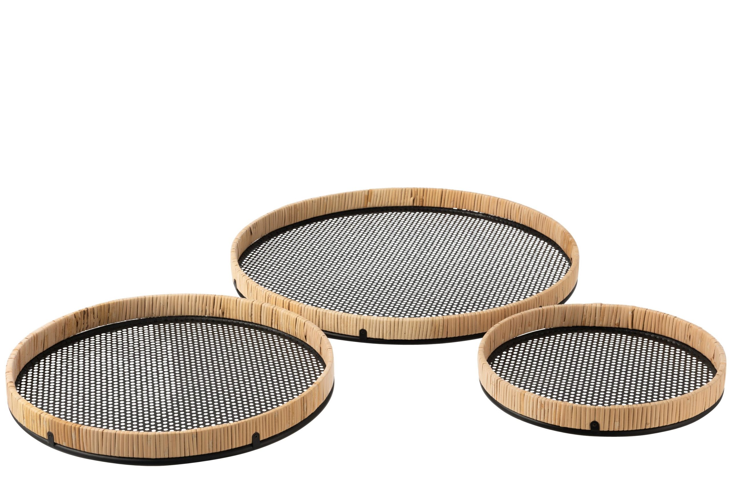 Set de 3 plateaux rond metal/rotin noir/naturel