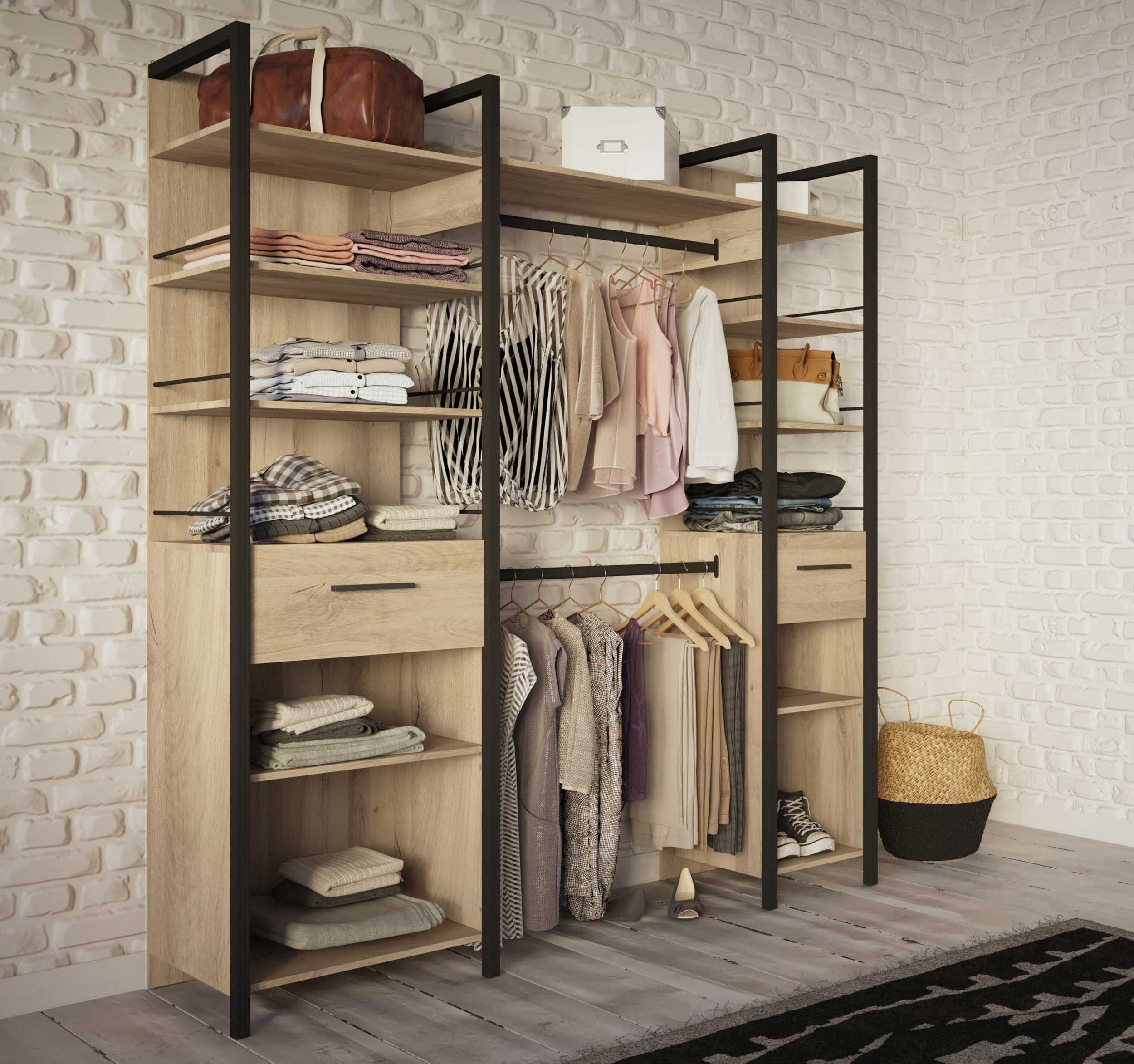 Armoire Agri 11 étagères, 2 tringles et 2 tiroirs - chêne de Kronberg/noir mat