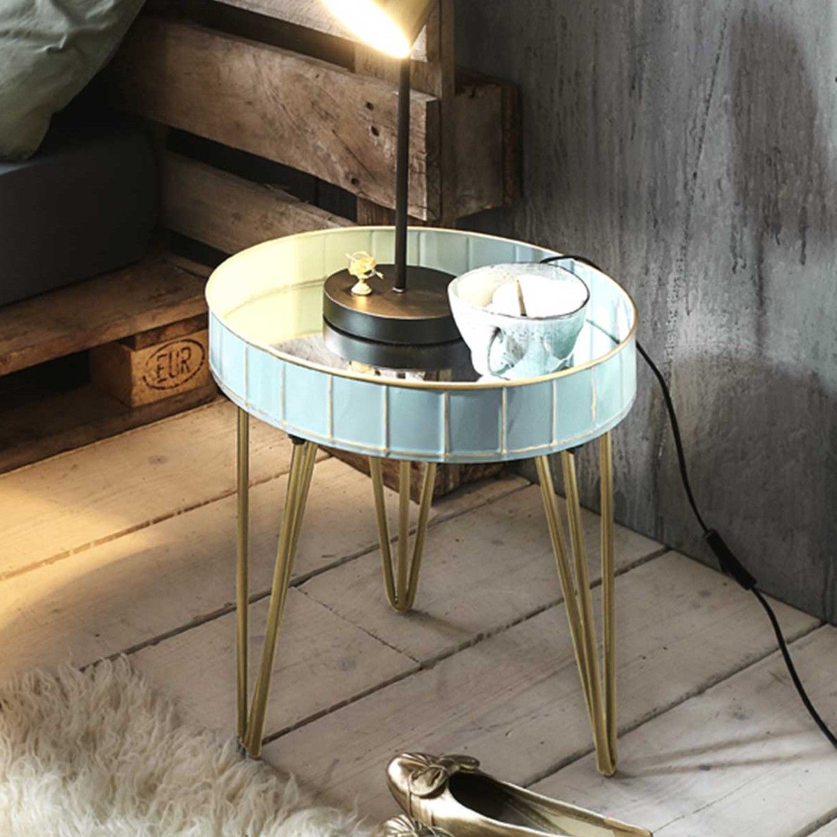 Table d'appoint | Ø41 cm x 40 cm | Bleu clair/or/verre