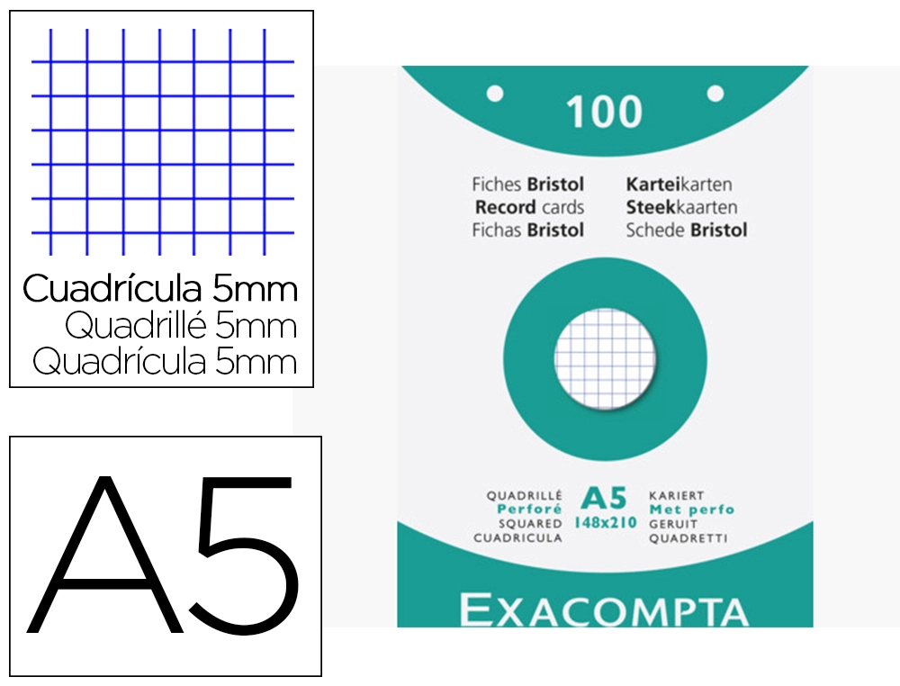 Etui 100 fiches exacompta bristol quadrillee 5x5 perforation en haut blanc 148x210 mm