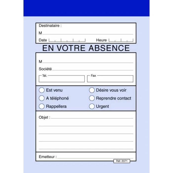 Bloc Message - En votre Absence - 140 x 105 mm ELVE