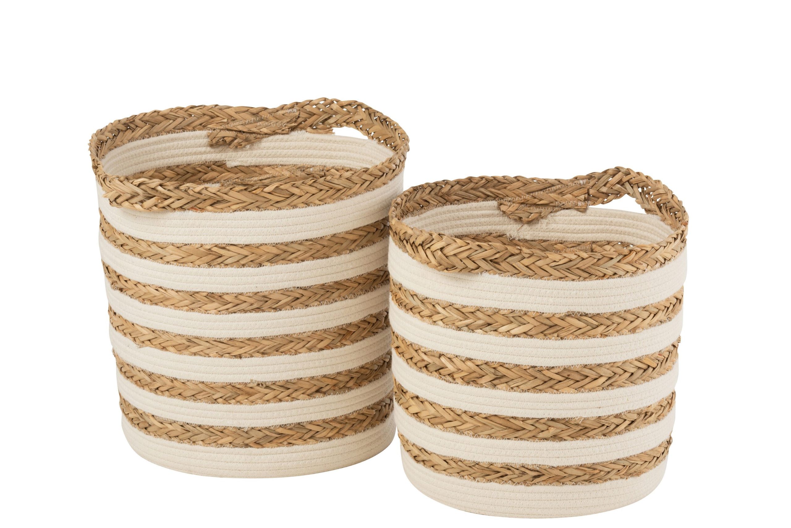 Set de 2 paniers rayés herbe/coton naturel/blanc