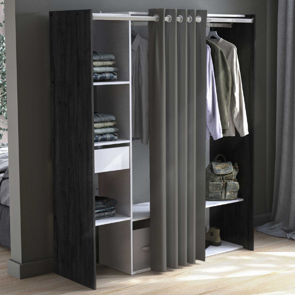 Armoire Monette 6 compartiments de rangement, 1tiroir, 1 tringle et 1 rideau-chêne Waterford/lin