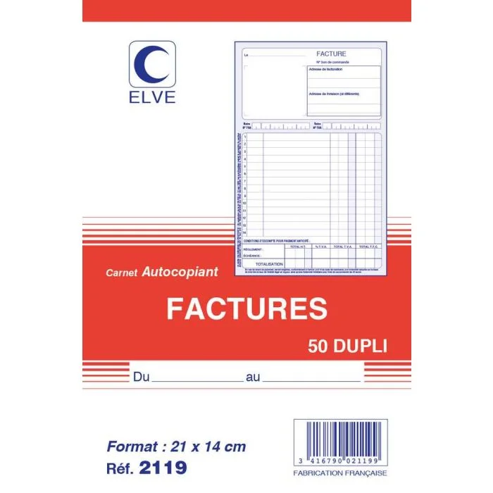 FACTURE Carnet autocopiant Dupli - 210 x 140 mm Collé en tête ELVE