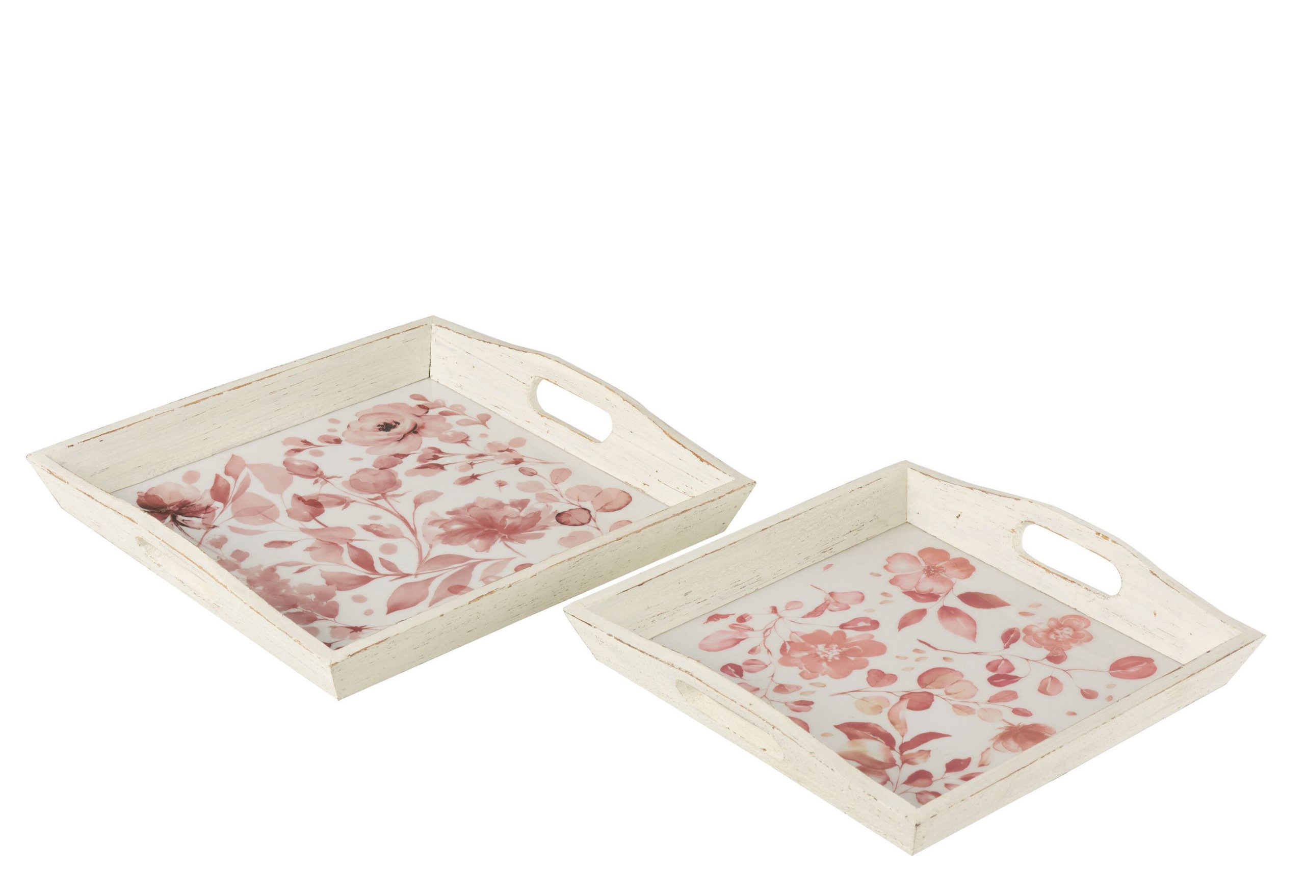 Set de 2 plateaux motifs roses en bois blanc/rose