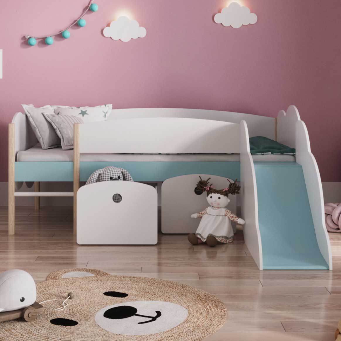 Lit semi-haut Longane | 205,7 x 183,2 x 84,5 cm | Blanc-bleu