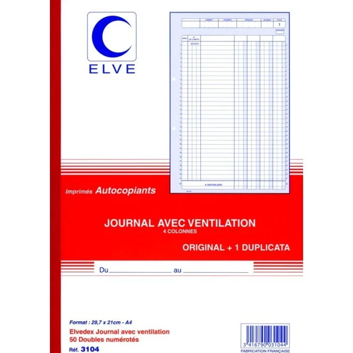 Journal de ventilation 4 Colonnes - Carnet autocopiant Dupli 297 x 210 mm ELVE