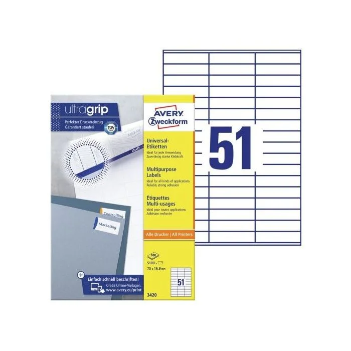 Étiquettes adhésives - 70 x 16,9 mm AVERY Ecologique Lot de 5100