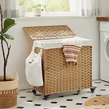 Panier à linge 140L en rotin avec couvercle, doublure et poignées