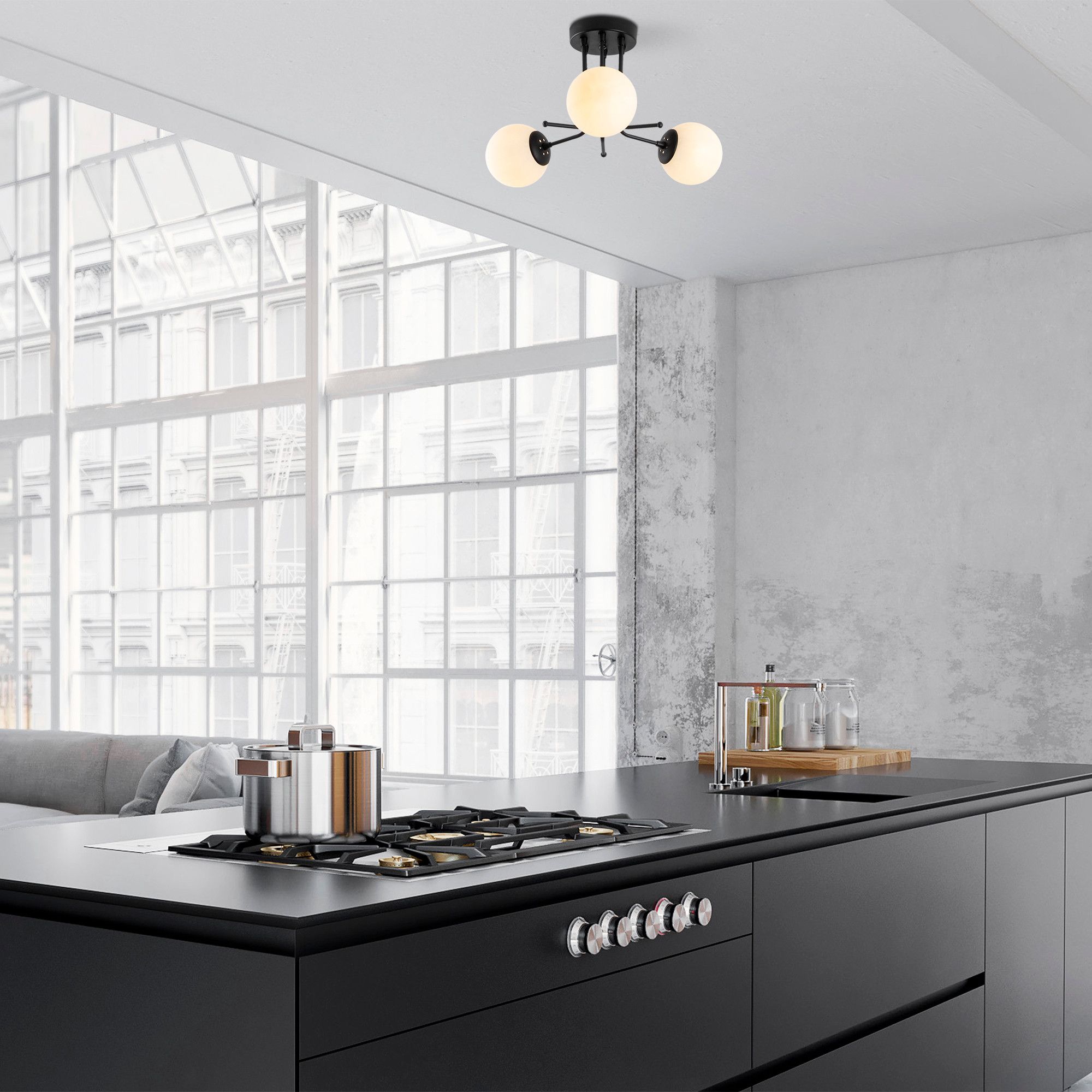 Lustre Sheen | Corps en métal | Capuchon en verre | 48cm de diamètre | Noir