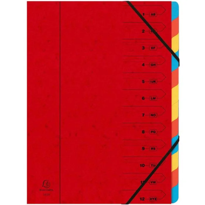 Trieur 12 compartiments avec élastiques dos agrafé - Rouge EXACOMPTA