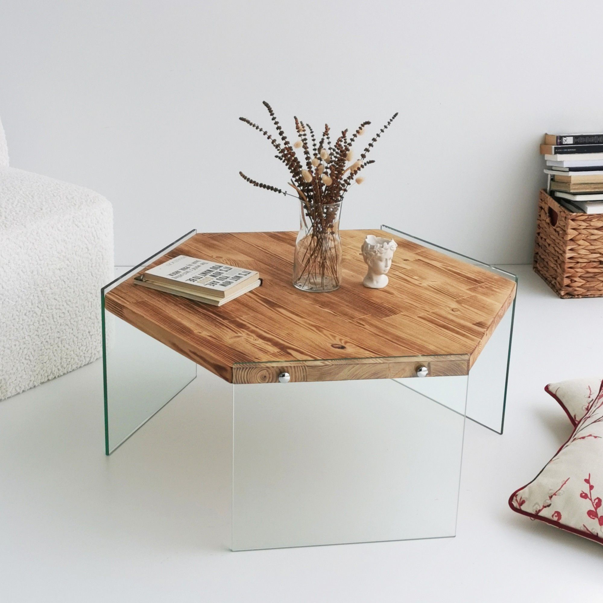 Hexagon Table basse | VERRE TREMPÉ | Chêne