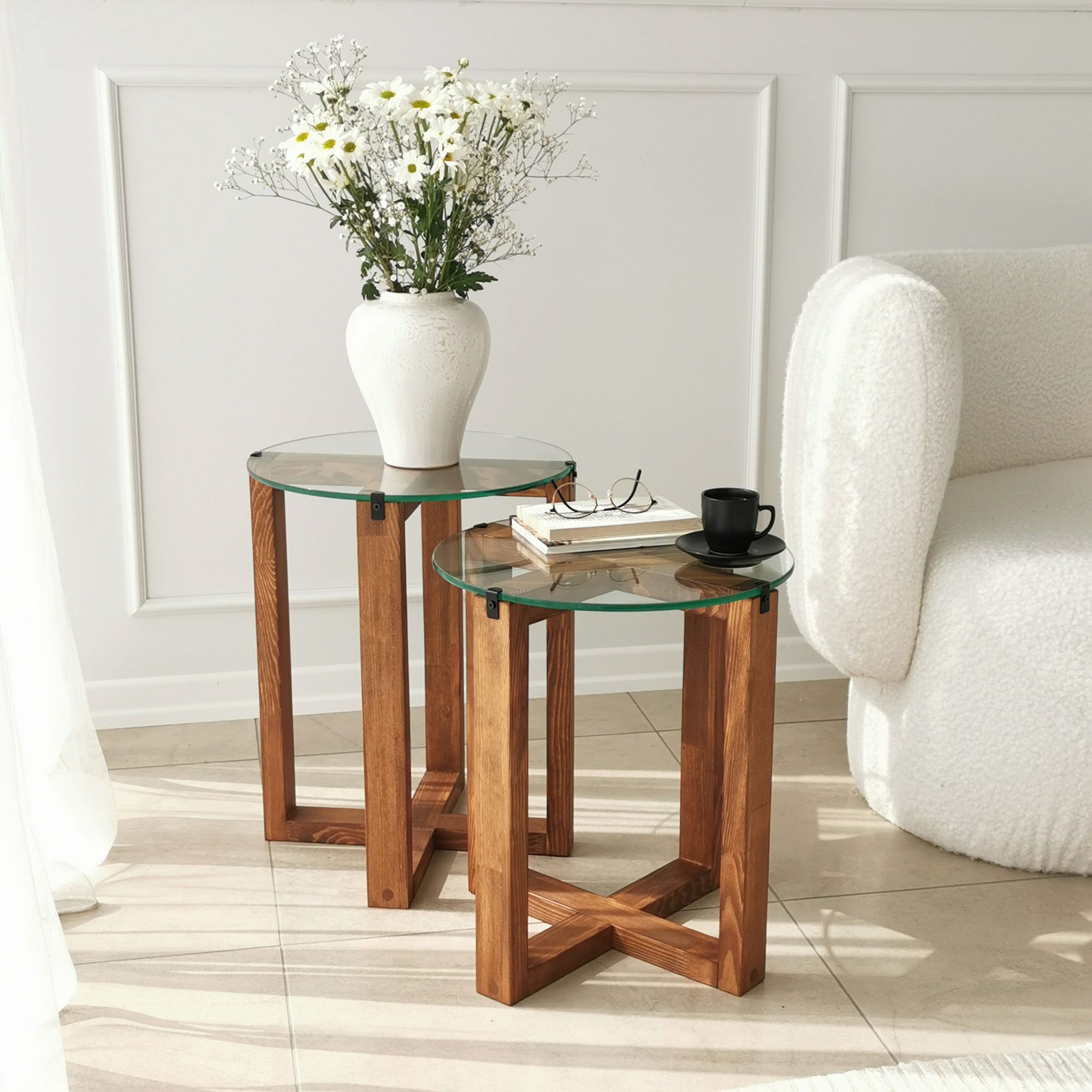 Tables gigognes | Woody Fashion | Verre trempé | Noyer