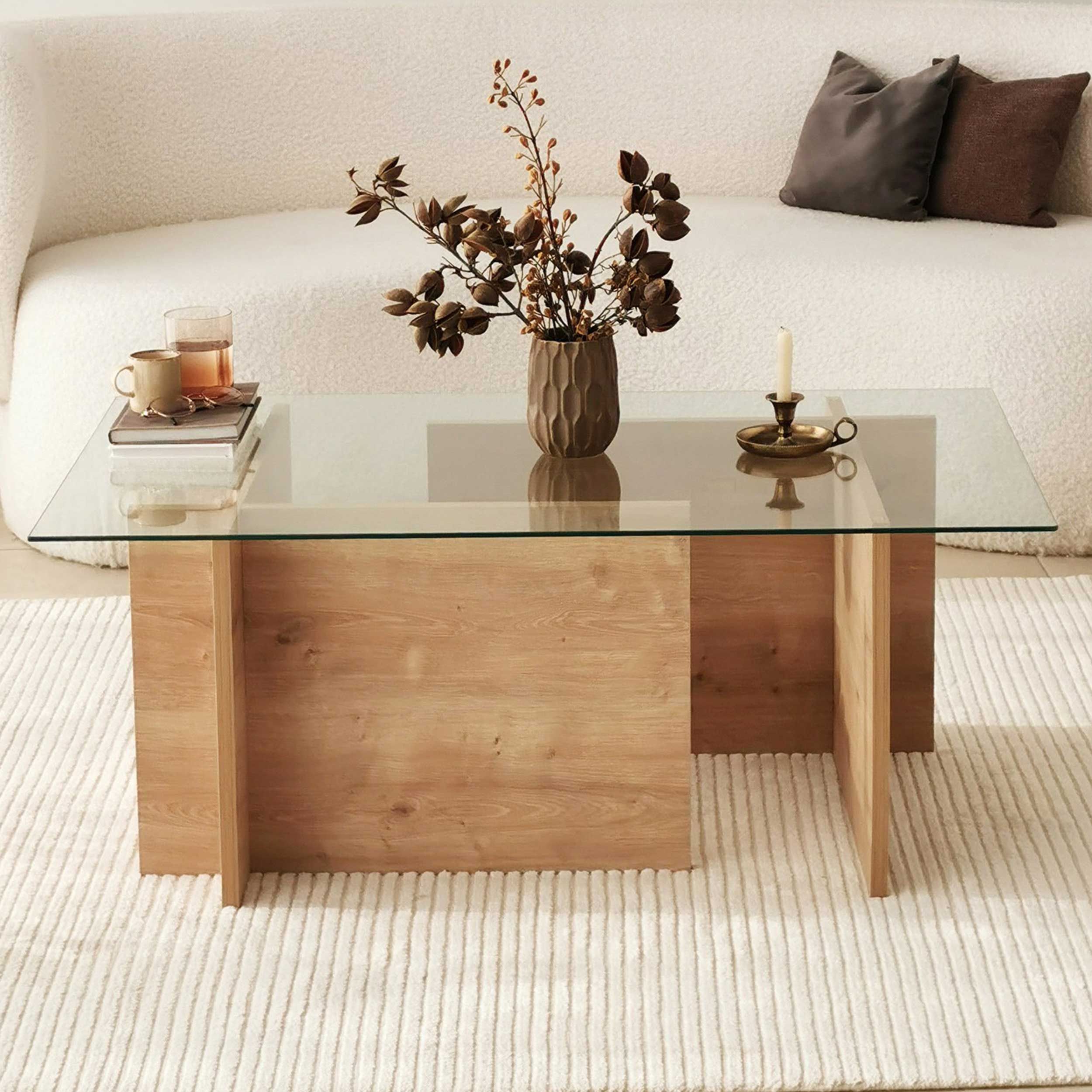 Table basse Woody Fashion | Verre trempé et bois massif | 105x40x65cm | Chêne saphir
