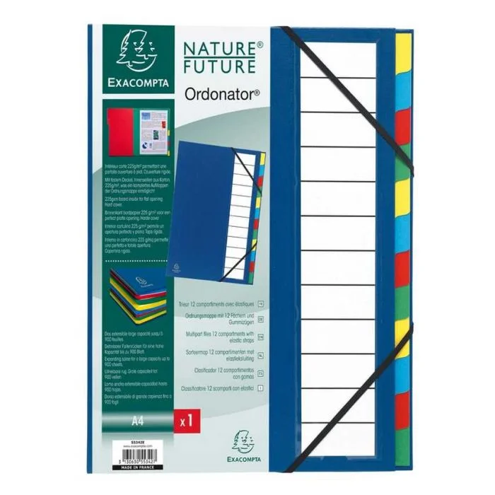 Trieur 12 compartiments avec élastiques - Bleu EXACOMPTA Ordonator