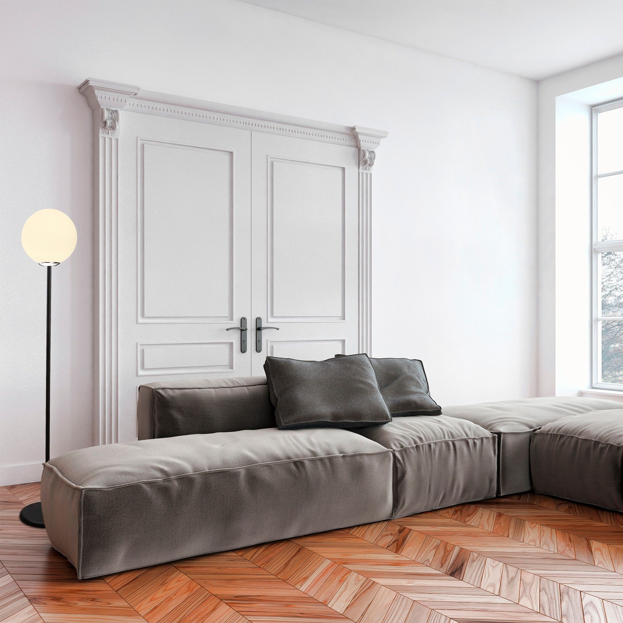 Lampadaire Tatum | Corps en métal | Chapeau en verre | Hauteur 155 cm | Noir Blanc