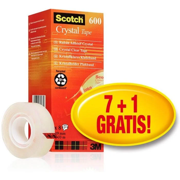 Ruban adhésif Crystal Clear 600 Pack Eco - 19 mm x 33 m SCOTCH Lot de 8