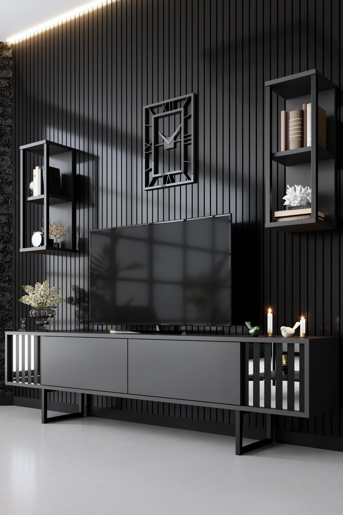 Woody Fashion TV Unit | 100% Melamine Coated | Metal Legs | Anthracite Black