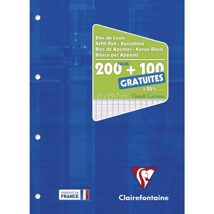 Bloc de Cours Séyès et perforé A4 - 200 pages CLAIREFONTAINE