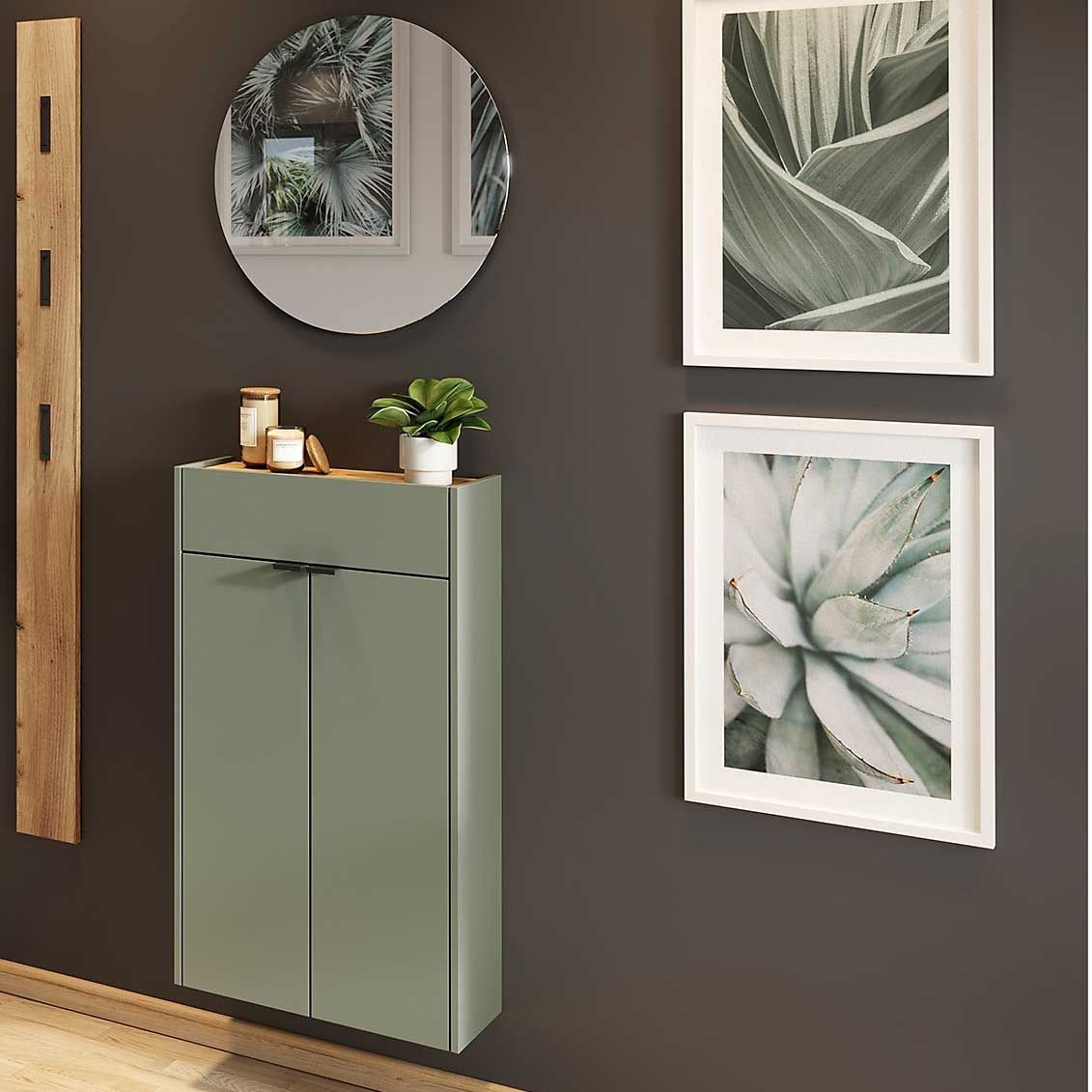 Ensemble d'armoires multifonctionnelles Amika | Armoire multifonctionnelle, porte-manteau mural et miroir | Vert taupe