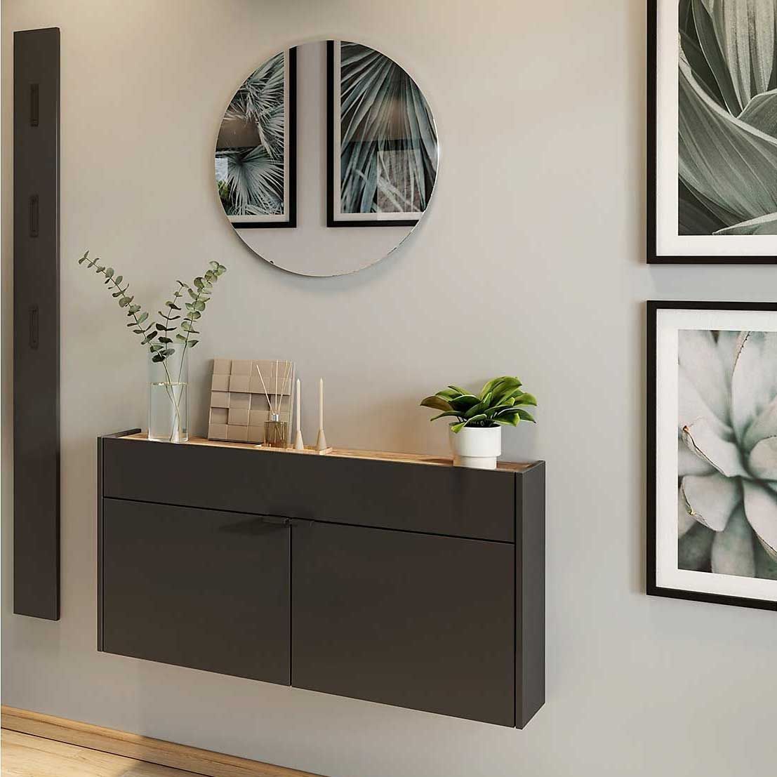 Ensemble armoire multifonctionnelle Amika | Armoire multifonctionnelle, porte-manteau mural et miroir | Gris graphite