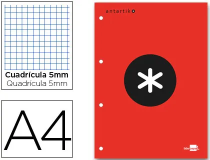 Bloc-notes liderpapel antartik 200 pages encollées 100g A4 quadrillage 5mm coloris rouge