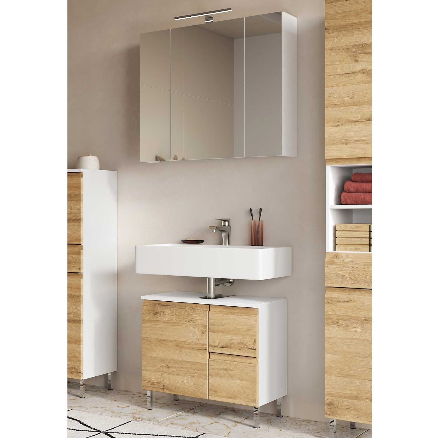 Ensemble de salle de bain Torres | Meuble lavabo et armoire de toilette avec éclairage | Décor chêne