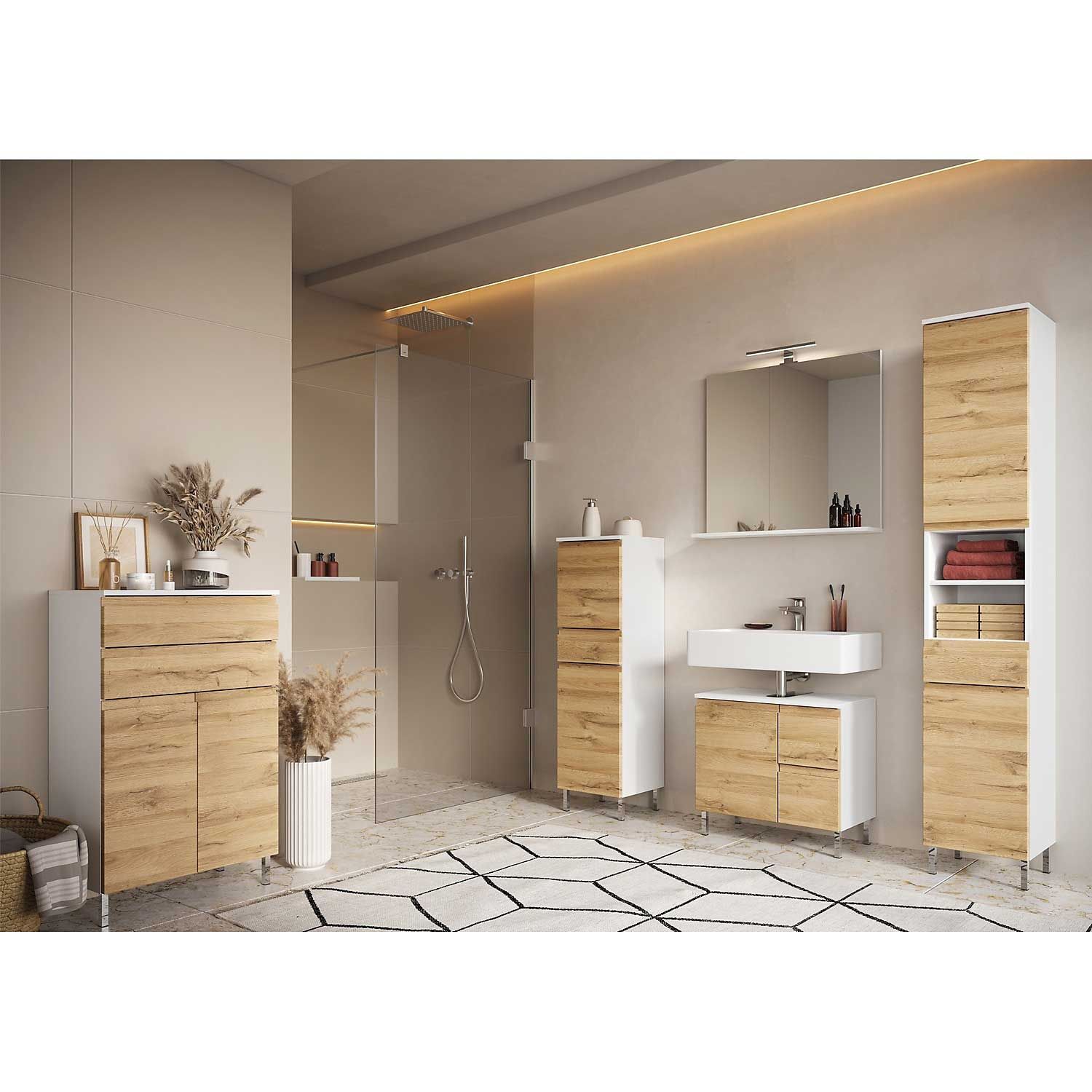 Ensemble de salle de bain Torres | Meuble lavabo, miroir avec éclairage, armoire colonne, armoire latérale et armoire multifonctions | Décor chêne