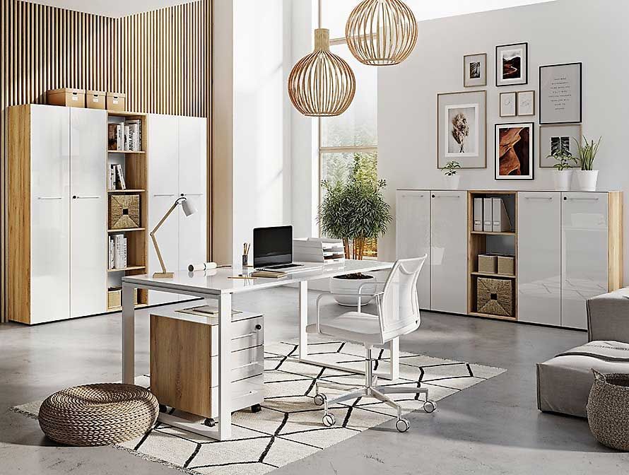 Ensemble de meubles de bureau Mouna | bureau, commode, classeurs mi-hauts et hauts et étagères | blanc