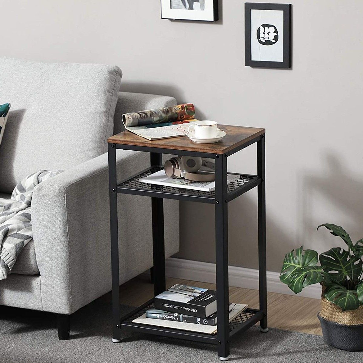 Table d'appoint Bill 35x45 2 tablettes - brun rustique/noir