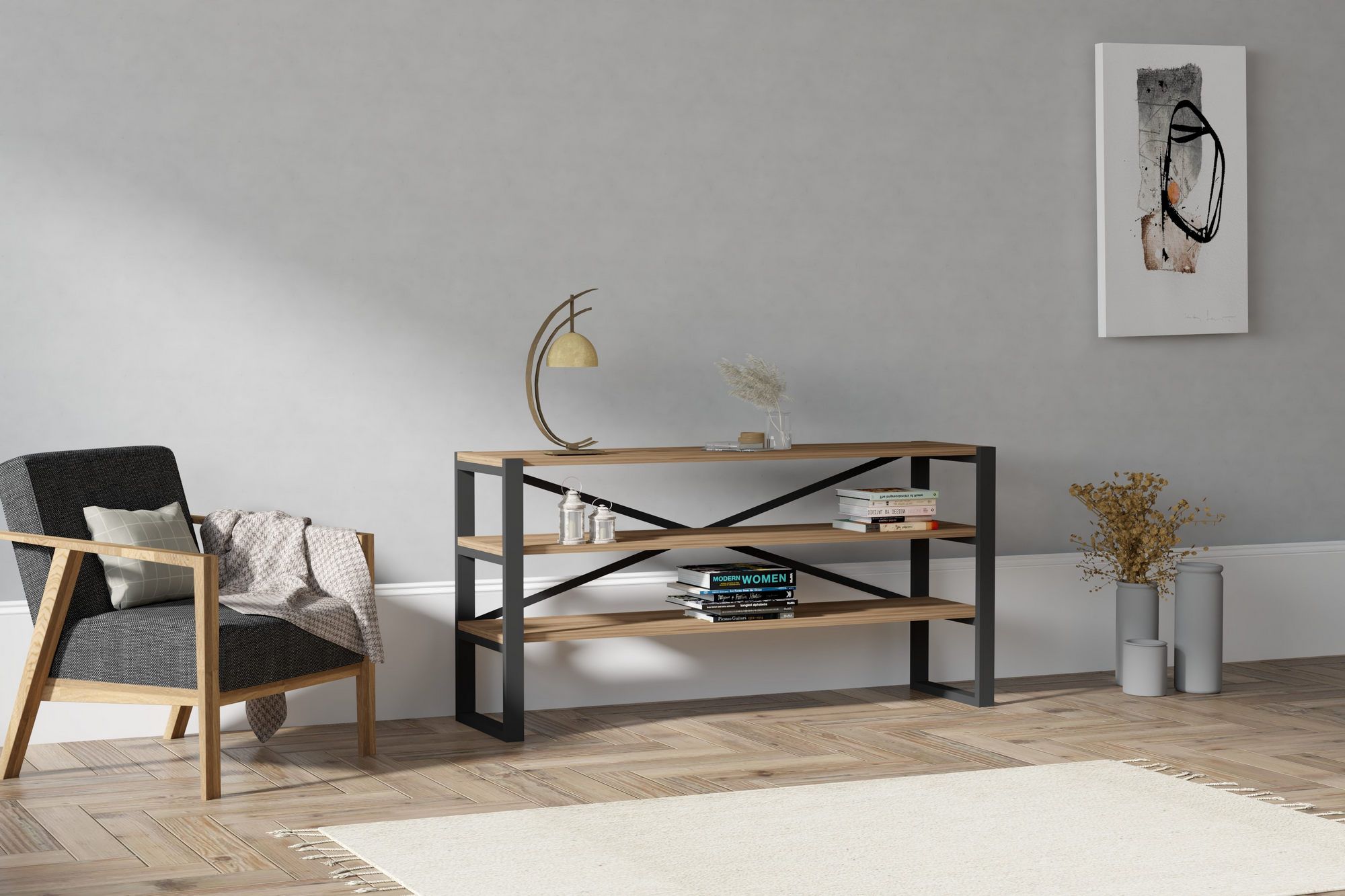 Buffet moderne en noyer avec cadre métallique et nombreux rangements