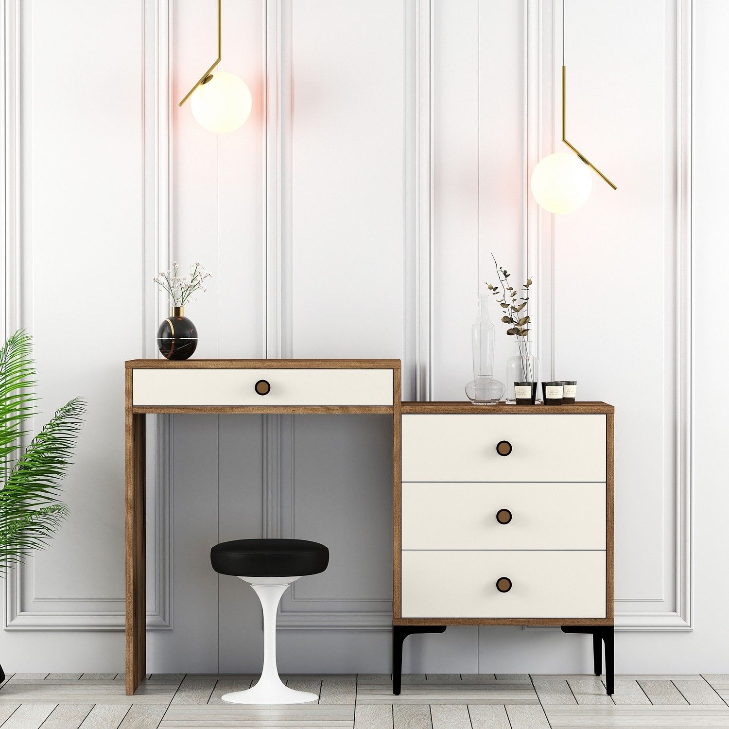 Woody Fashion Makeup Table | Walnut Cream | 124cm Width | 100% Melamine Coated