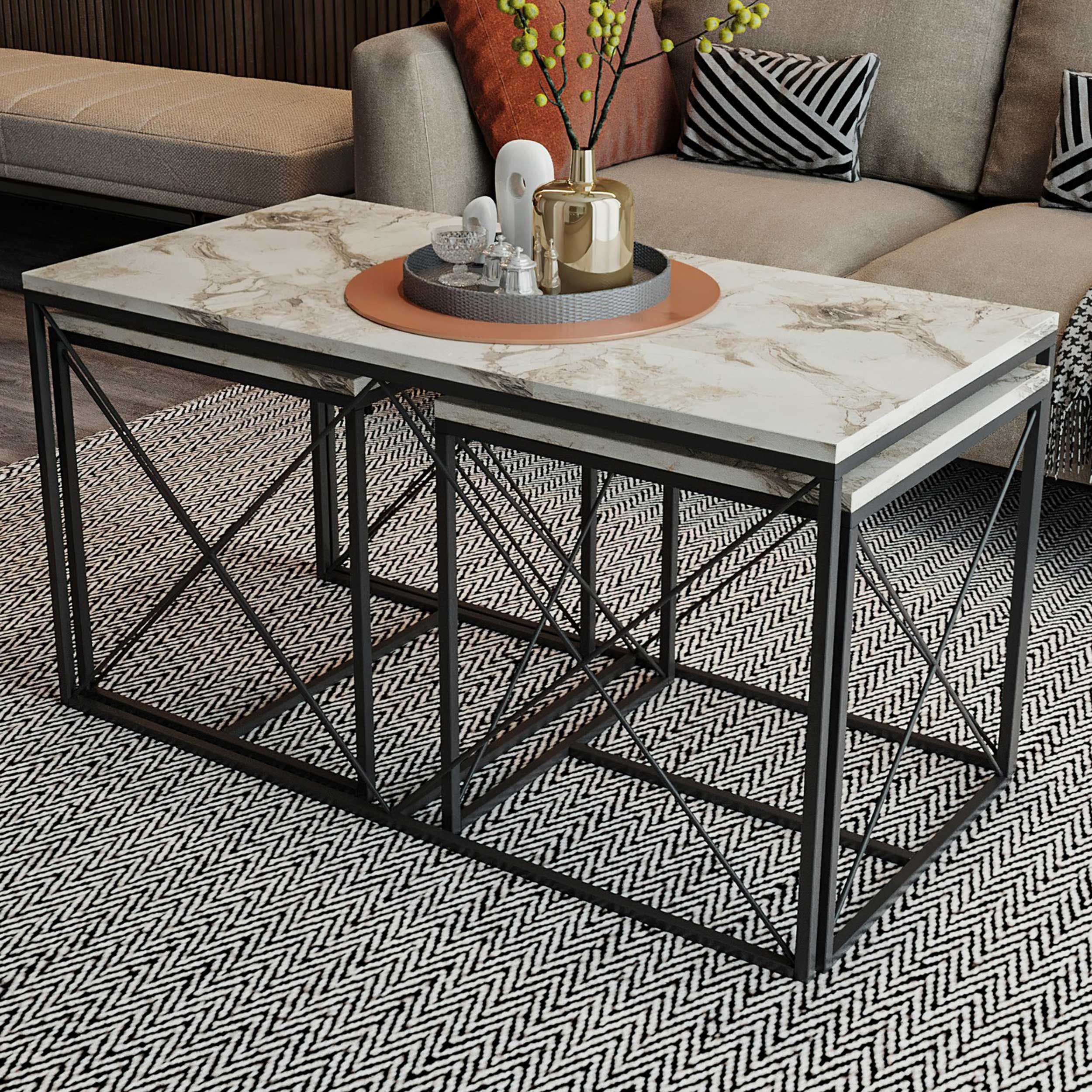 Ensemble de tables basses Woody Fashion | Mélaminé | Pieds en métal | Marbre blanc, noir