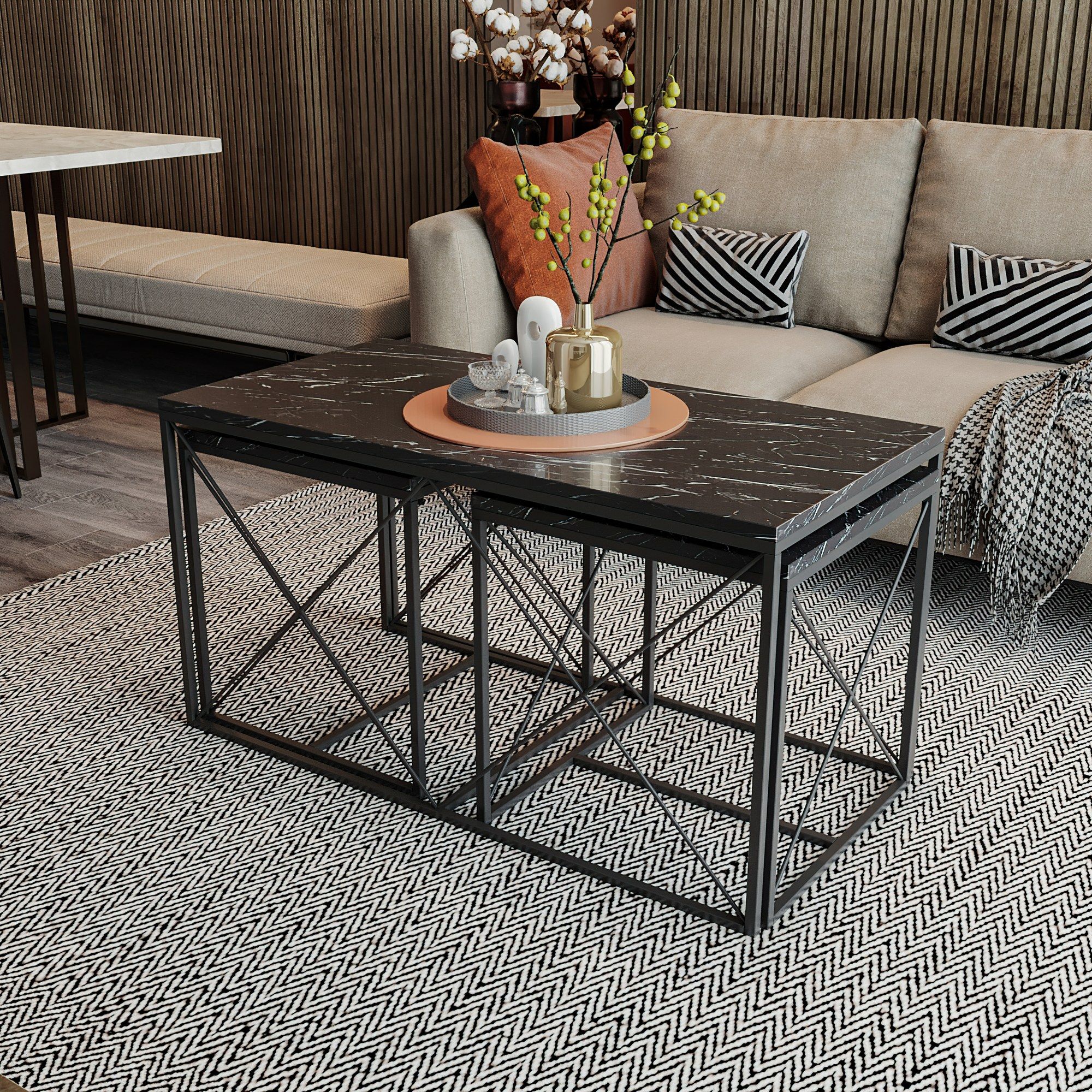 Ensemble de tables basses Woody Fashion - Revêtement en mélamine, pieds en métal, 2 tailles, noir