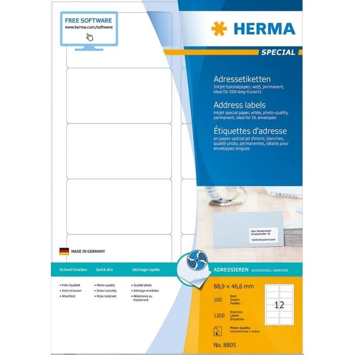 Étiquettes spéciales Jet d'encre - 88,9 x 46,6 mm HERMA Lot de 1200