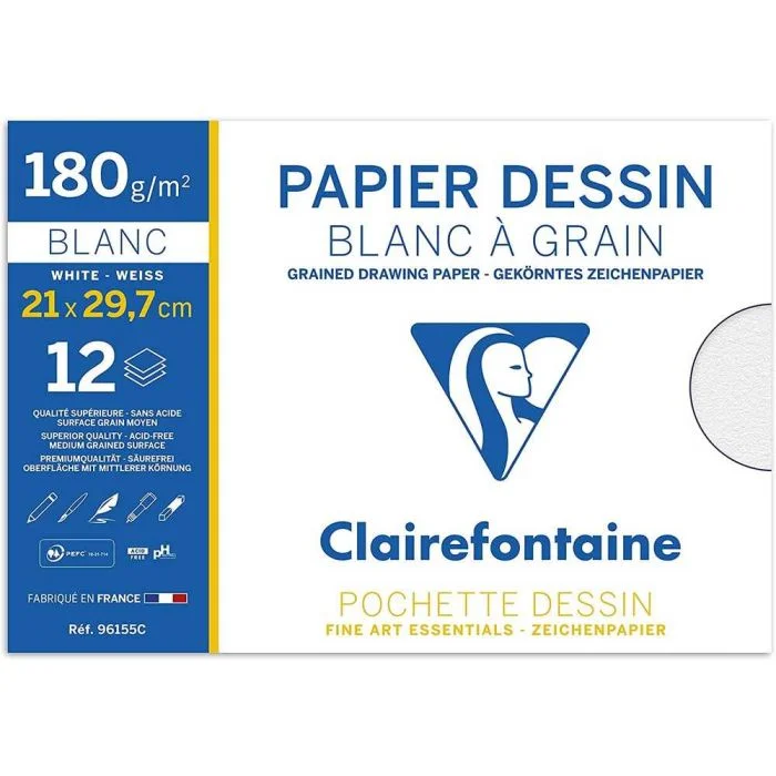 12 feuilles de papier dessin à grain 180 g/m² - 210 x 297 mm - Blanc CLAIREFONTAINE