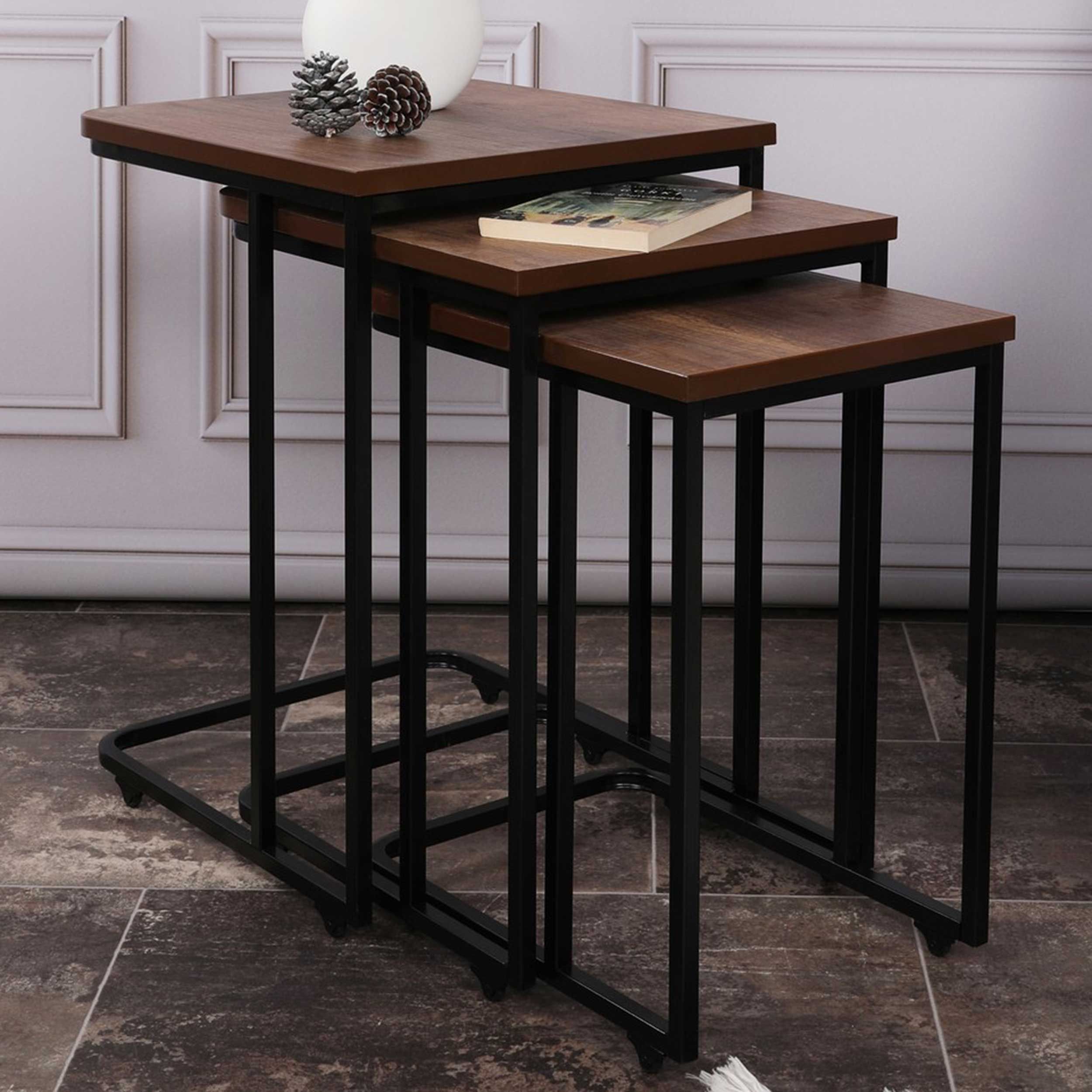 Ensemble de tables gigognes Woody Fashion : Cadre en métal, plateau en MDF (trois pièces)