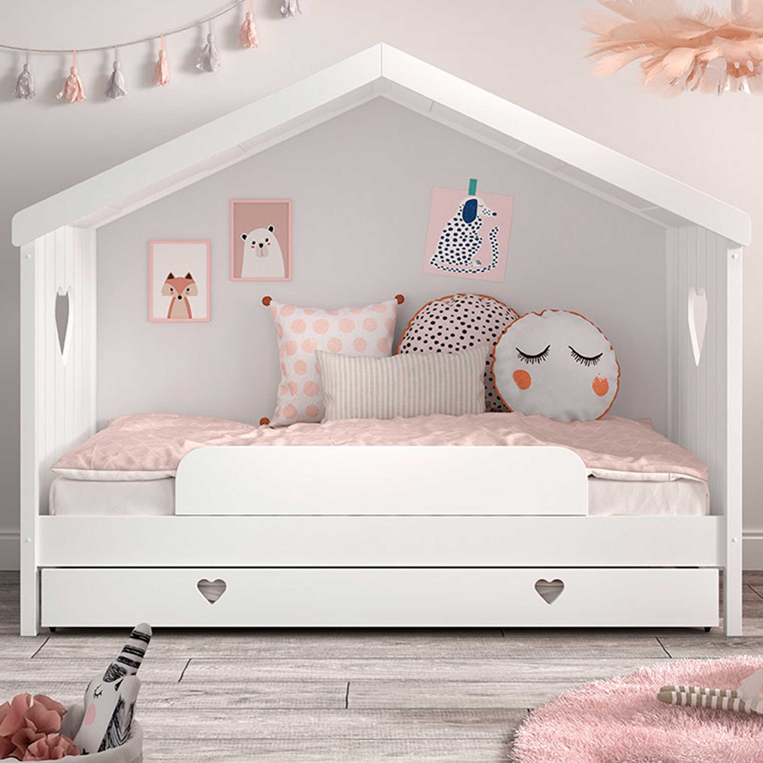 Sommier ouvert Amori avec tiroir de lit et barre de sécurité abaissable - blanc