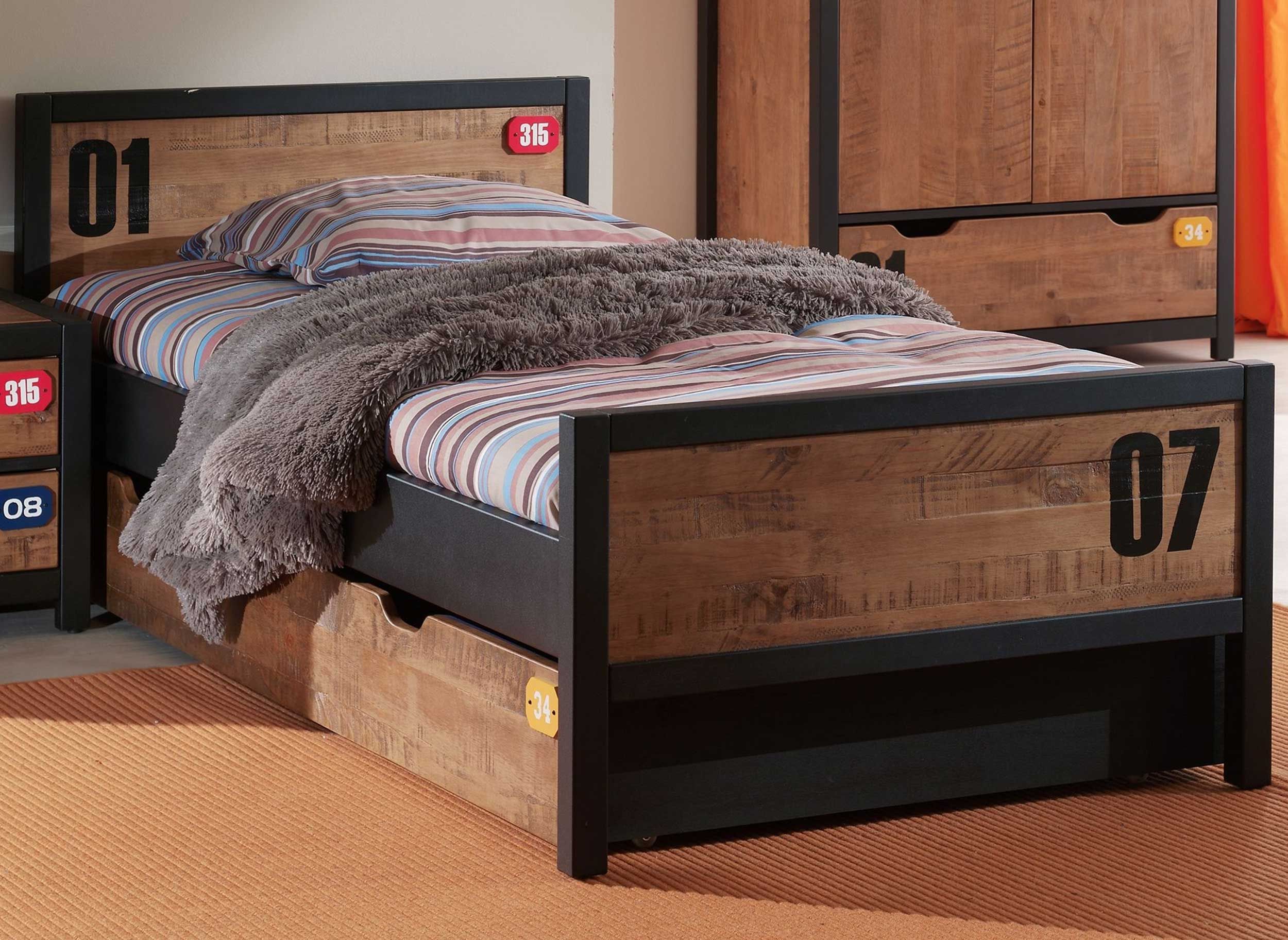 Lit Alex 90x200cm (sommier à lattes inclus) avec tiroir de lit - brun/noir