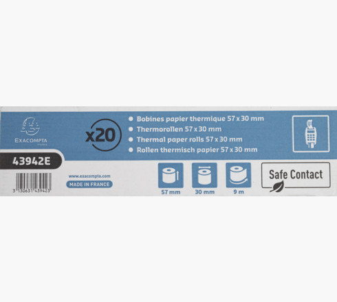 Bobine thermique exacompta exablue tpe 57x30mm 55g long. 9m impression verso tres longue conservation boite 20 unites