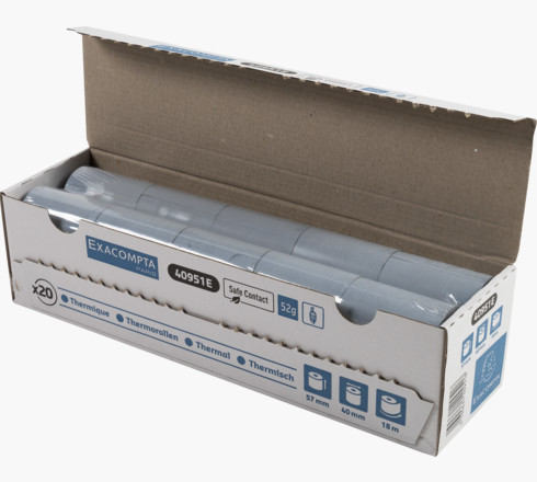 Bobine thermique exacompta exablue tpe 57x40mm 55g long. 18m impression verso tres longue conservation boite 20 unites