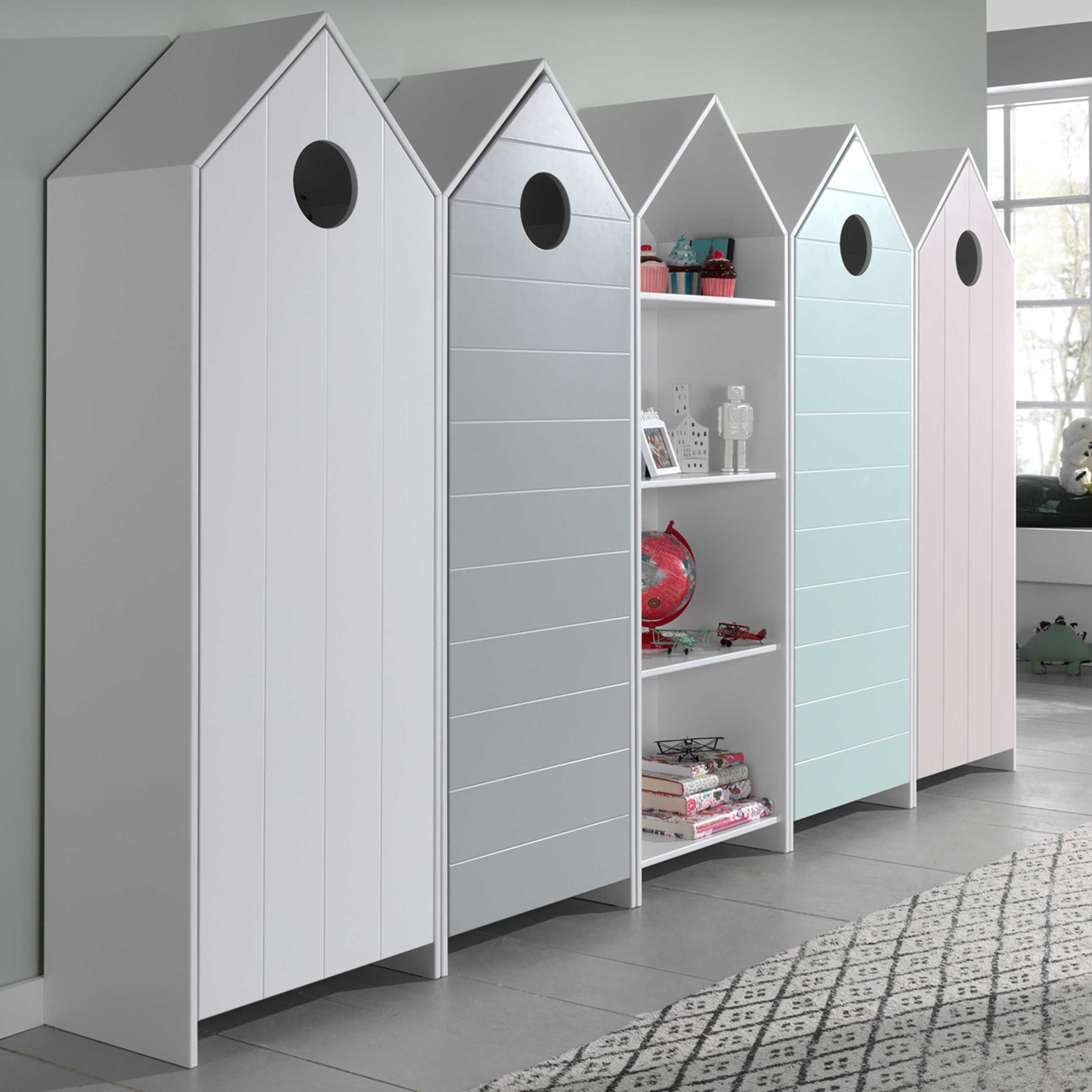 4 armoires Casami + bibliothèque Casami- rose/blanc/gris/vert menthe