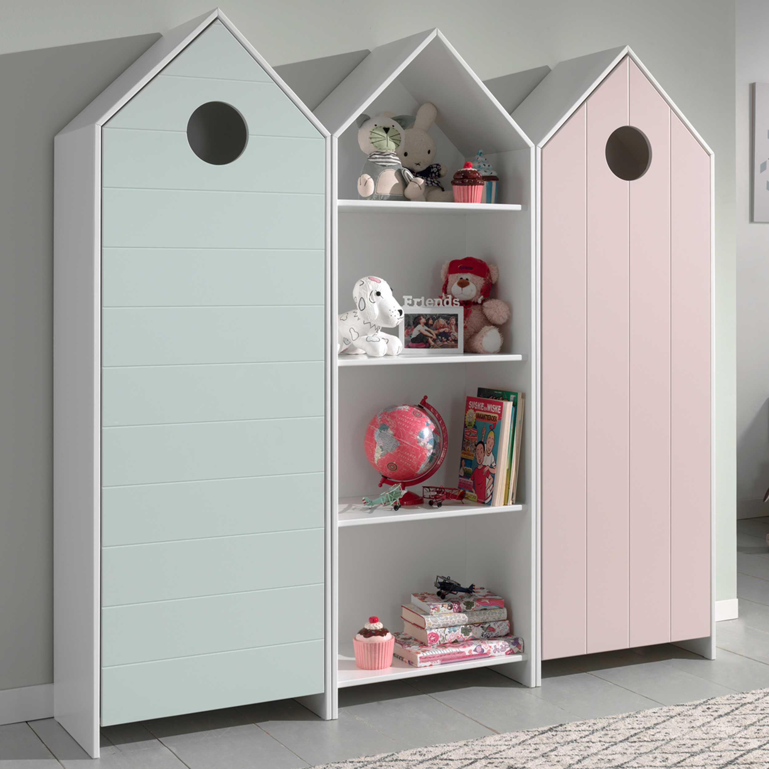 2 armoires Casami + bibliothèque Casami- vert menthe/blanc/rose