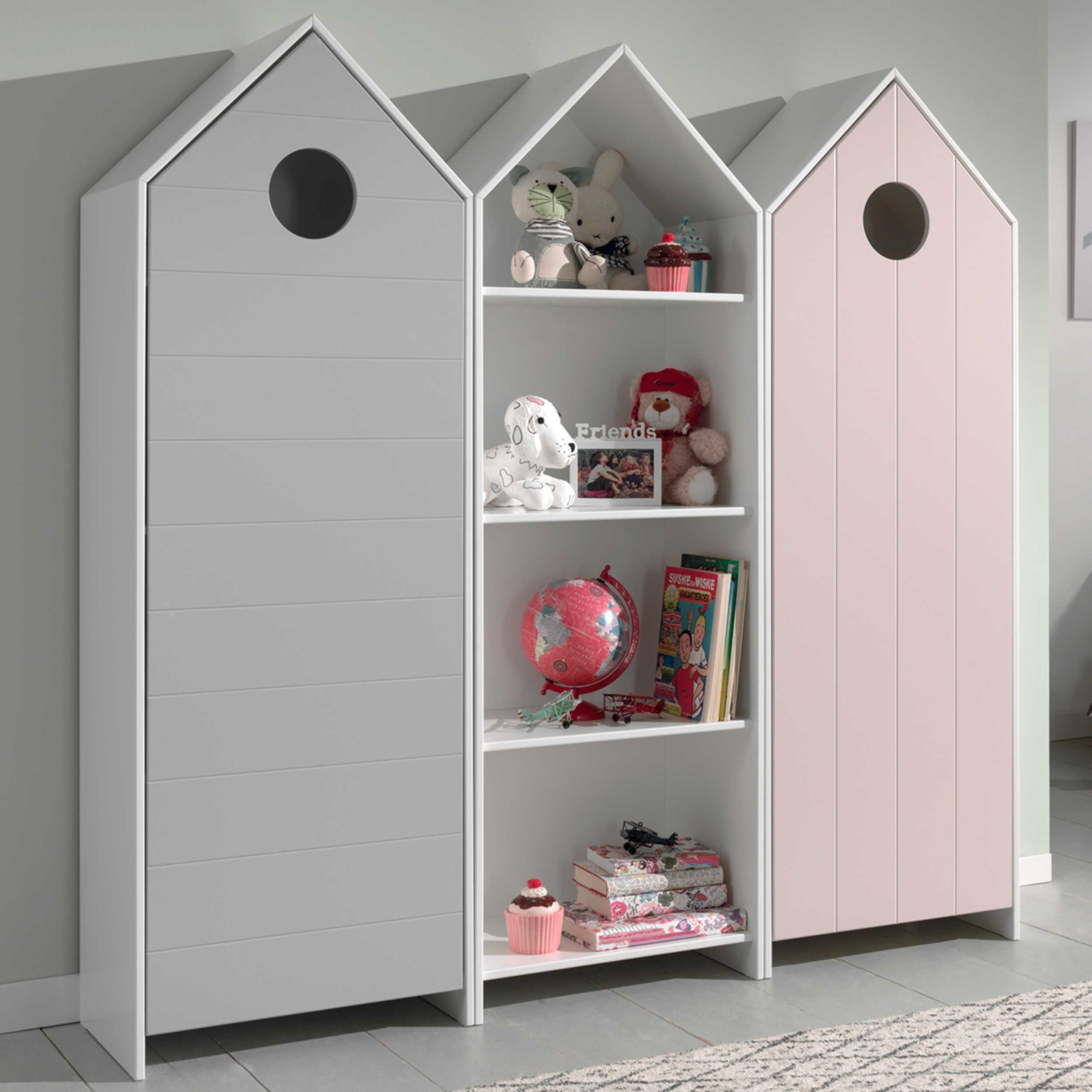 2 armoires Casami + bibliothèque Casami- rose/blanc/gris