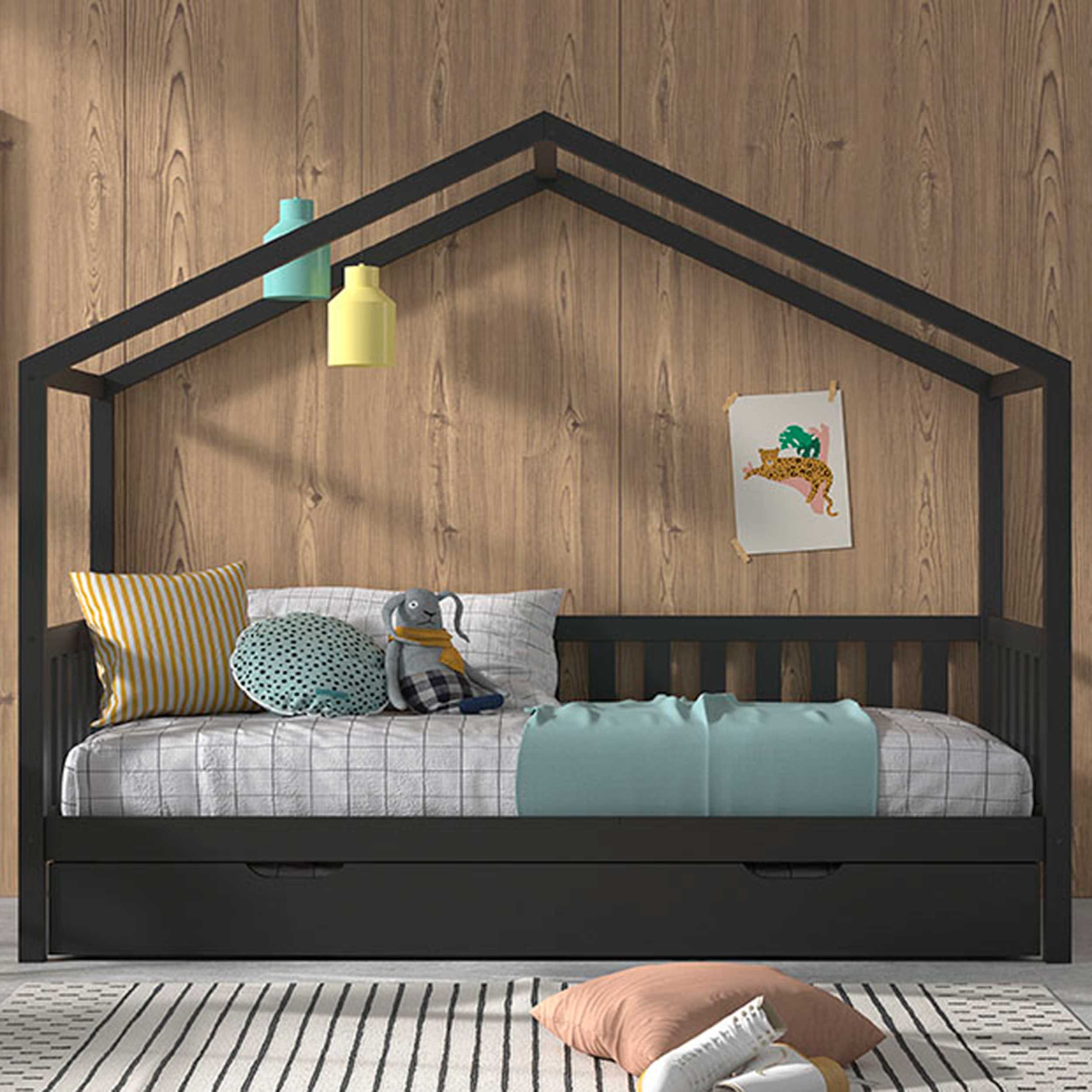 Lit cabane Dallas 90x200 avec tiroir de lit - anthracite