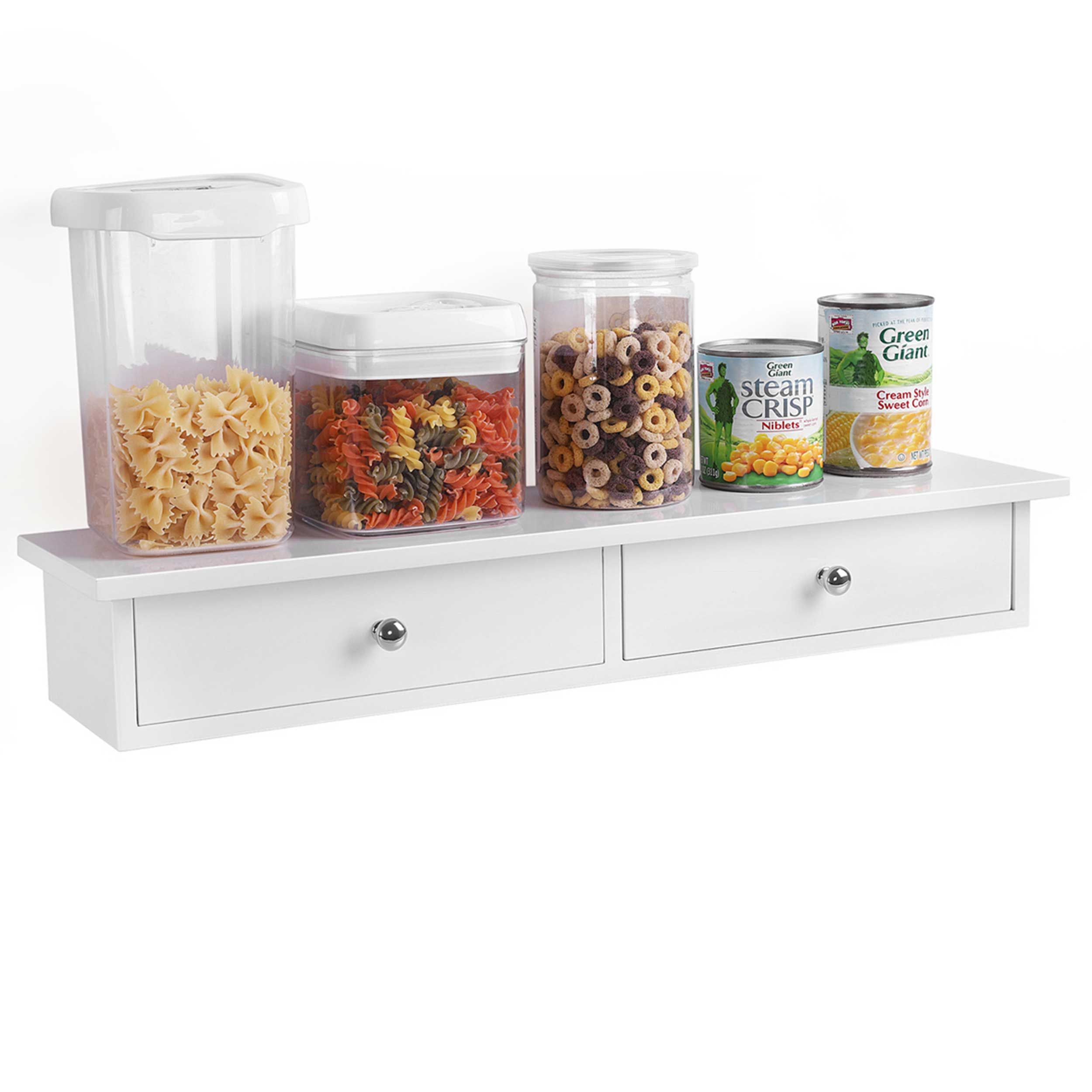 Etagère flottante avec 2 tiroirs, finition brillante, 65 x 15 x 10 cm, blanc