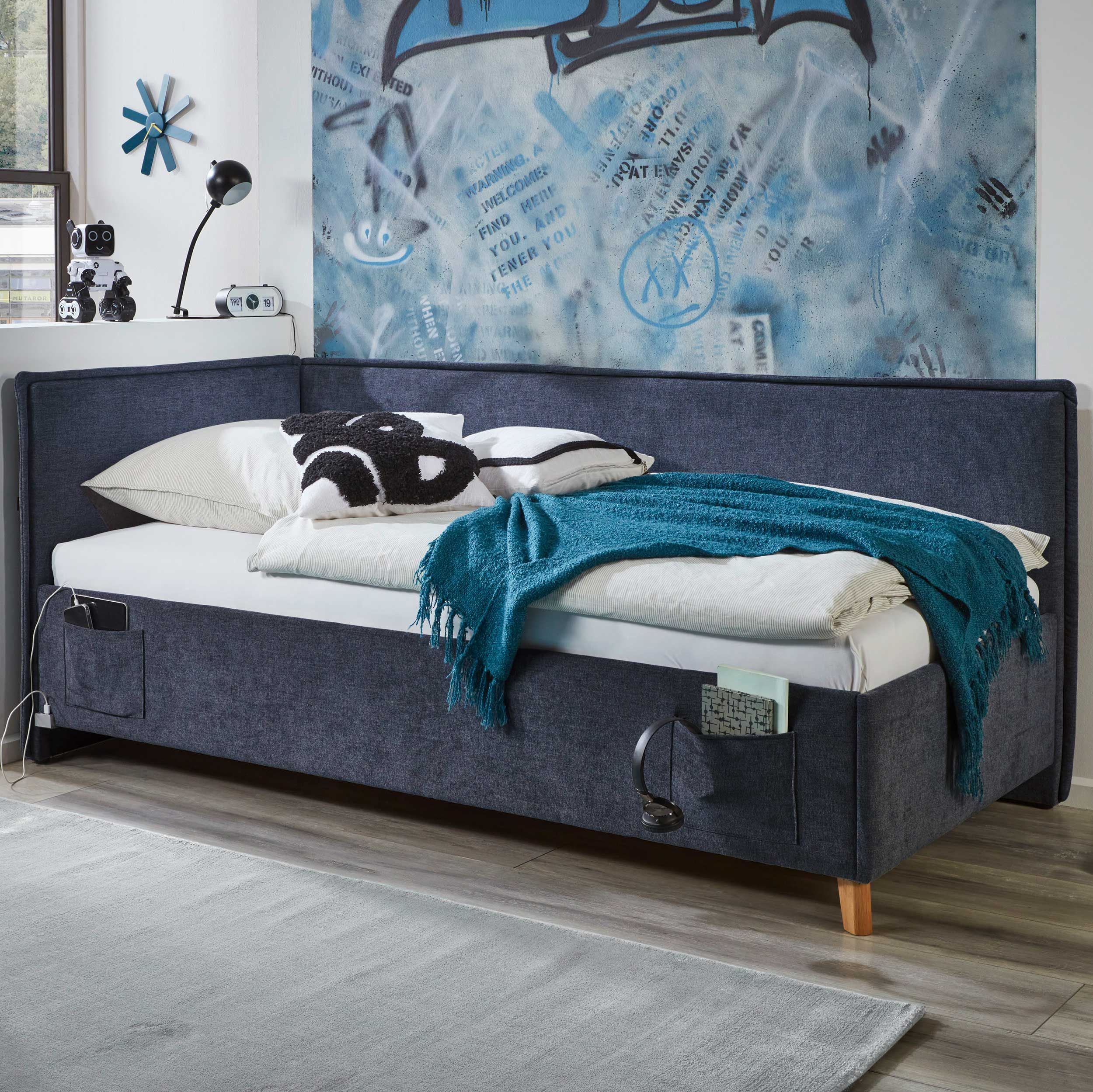 Lit coffre Ollie | Avec dossier | 140 x 200 cm | design bleu marine