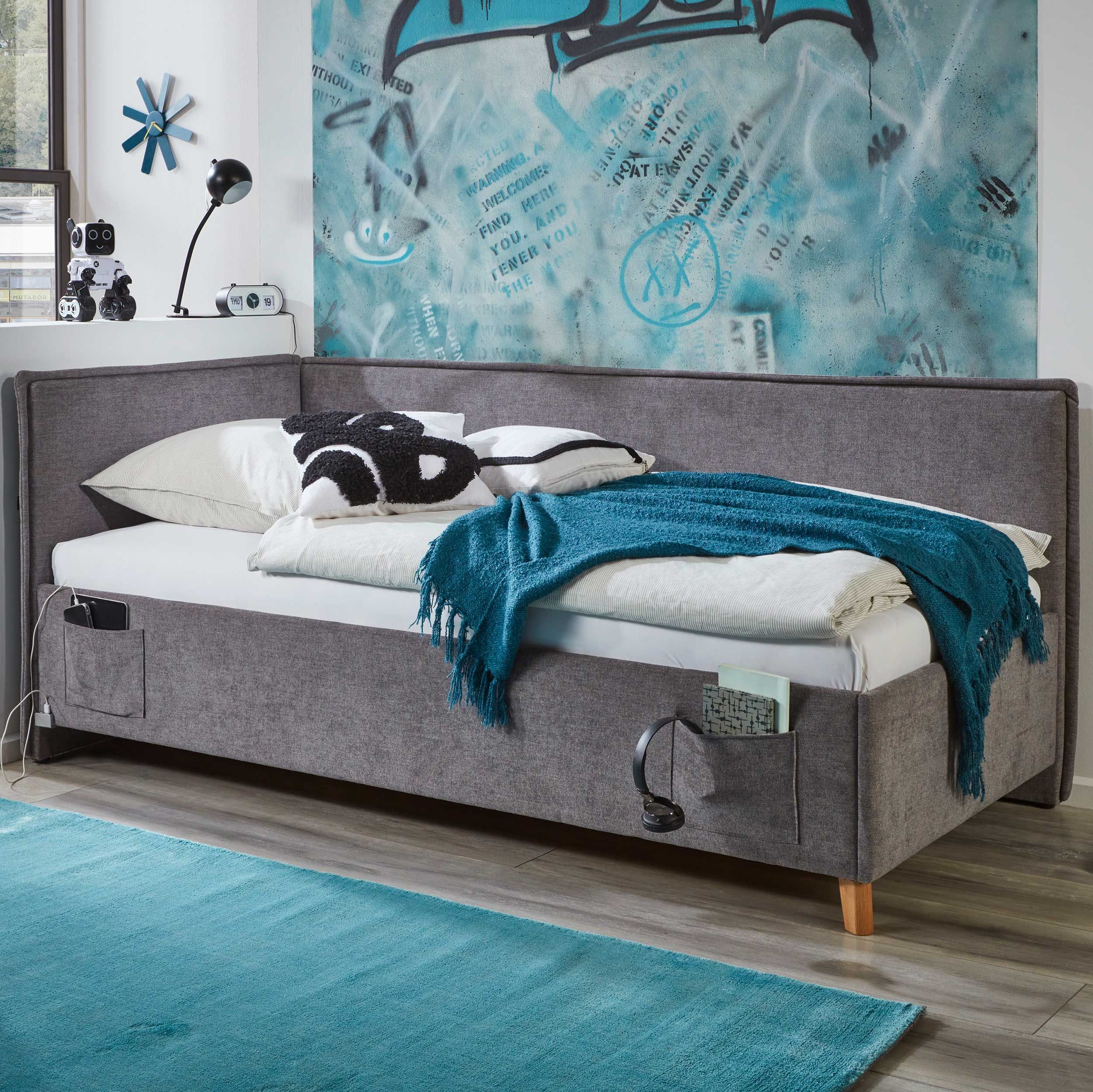 Lit simple Ollie | Avec dossier | 120 x 200 cm | Design gris