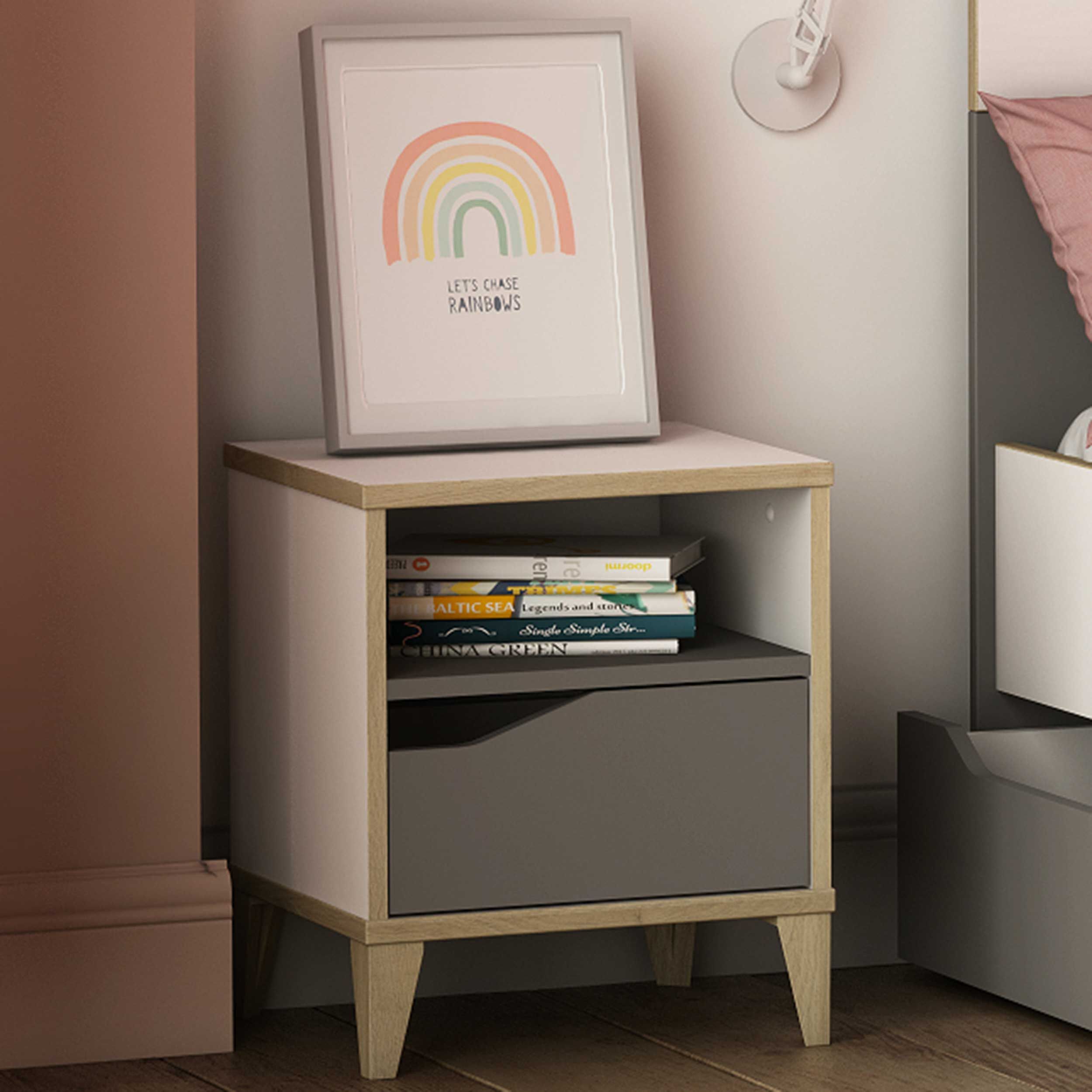 Table de chevet Gerry-gris clair/blanc mat/chêne Kronberg