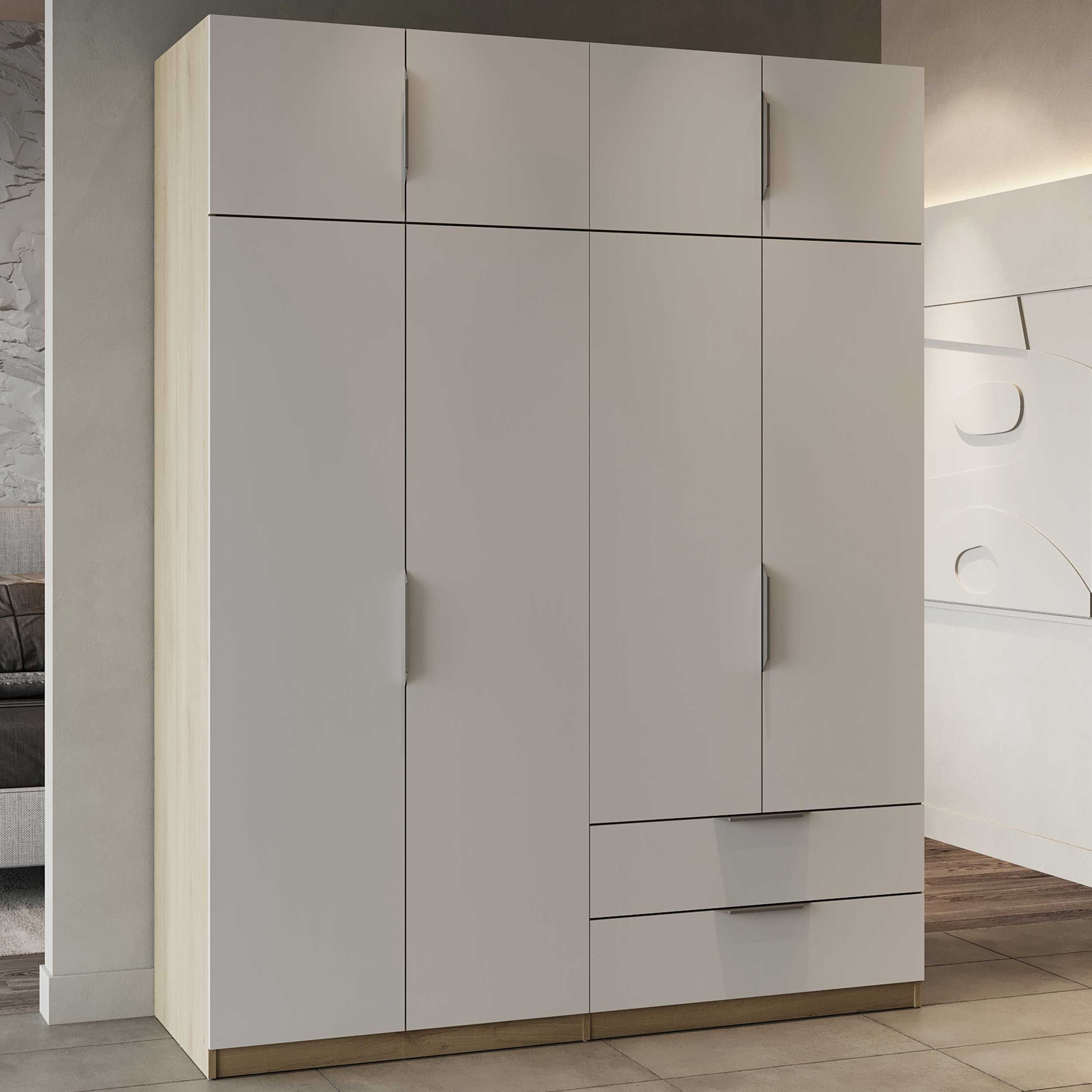 Armoire Spectre 157cm 8 portes & 2 tiroirs - blanc mat/décor chêne